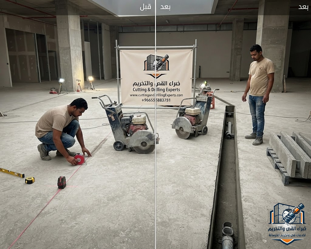 قص الأرضيات والبلاطات الخرسانية في السعودية باستخدام Floor Saw بدقة عالية وتقليل التكسير والاهتزاز